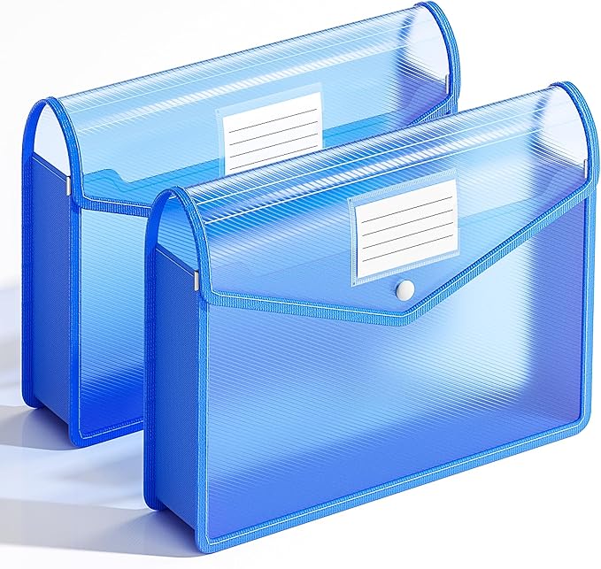2 Pack Plastic Expanding File Folder, Transparent envelopes with Snap Closure, Fit Letter/A4 Size for School/Office/Home/Hospital, No Dividers, Large Capacity（Blue）