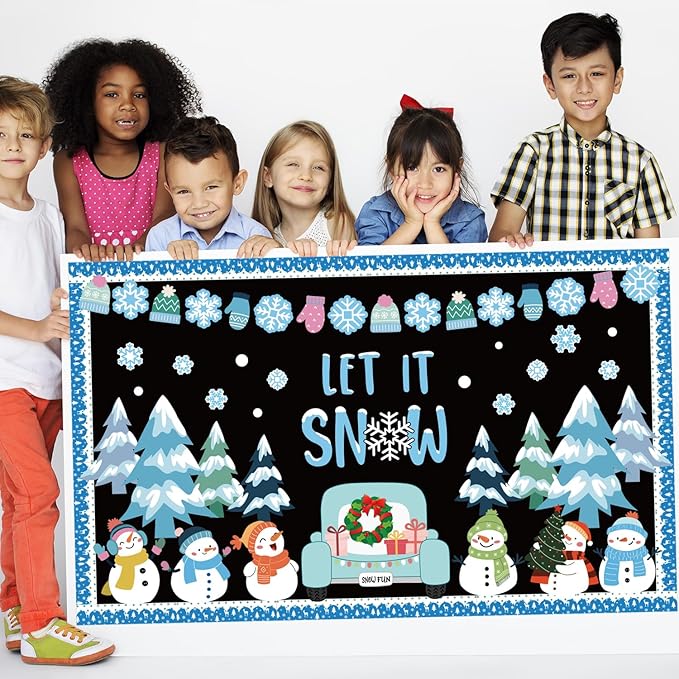 Winter Bulletin Board Decorations Set Christmas Tree Snowmen Cutouts with Bulletin Border Snowflake Winter Classroom Decorations Chalkboard Window Wall Door Decor for Home Office School 61PCS