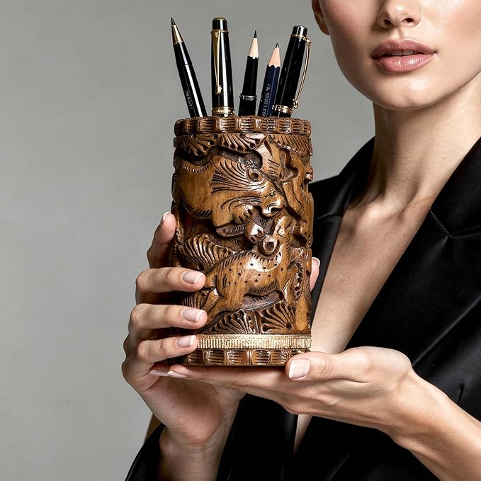 Craft Trade Hand Carved Wood Pen Holder for Desk Organizer for Home School Office Pencil Cup Pot Storage Box Suitable for Stationery - Natural Wood