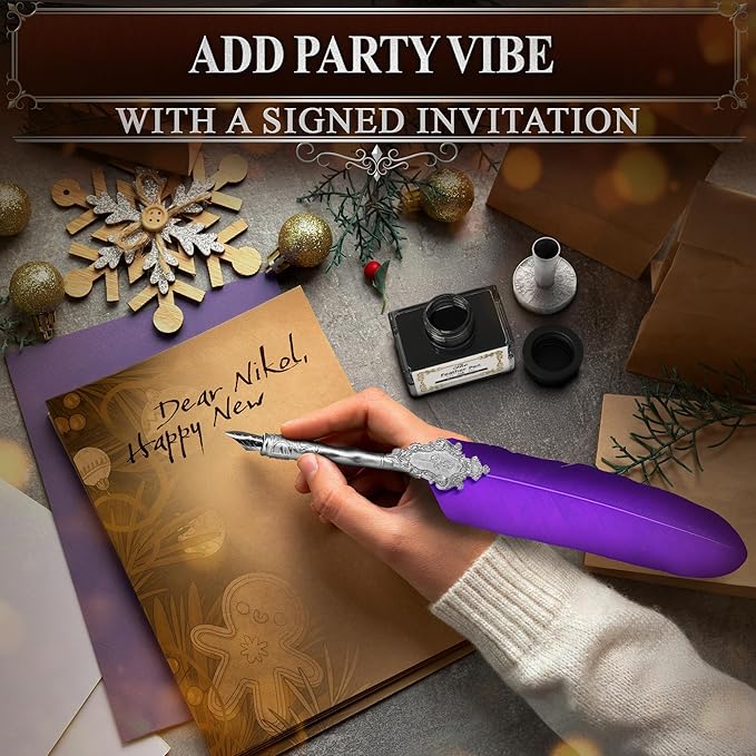 Victorian Writing Quill and Ink Set – Stainless Steel Dip Pen Feather Quill Pen and Ink Set with 5 Nib Refills, Secure Textured Grip, Gift-Ready Box with Display Stand – Calligraphy Gift Set (Purple)