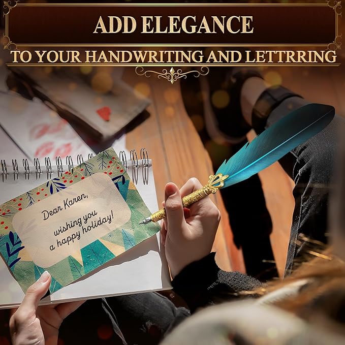 Vintage Feather Quill Pen and Ink Set - Elegant Blue Feather Pen and Ink Set for Signatures, Writing, and Drawing - Calligraphy Kit with Stainless Steel Nib for Beginners and Calligraphy Enthusiasts