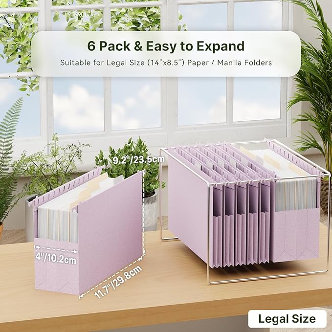 XINGIA 6 Pack Hanging File Folders Legal Size Extra Capacity, 4'' Expandable Hang Folders for Filing Cabinet,Heavy Duty Wheat Straw Large File Folders for Bulky Files,Wide Filing Folders Hanging