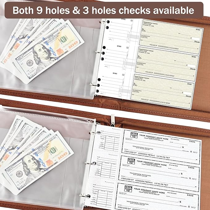 LLi Cufite 3 Rings Check Binder for End-Stub Deskbook Checks, Zipper Business Check Binder, 3 on a Page, Fit 3 & 9 Holes Check Faux Leather (Brown)