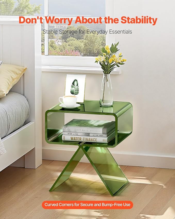 VEVOR Acrylic Nightstand Side Table, Modern Clear End Table with Storage Shelf, Transparent Small Bedside Table for Bedroom, Home Decor, Living Room, No Assembly Needed, Green