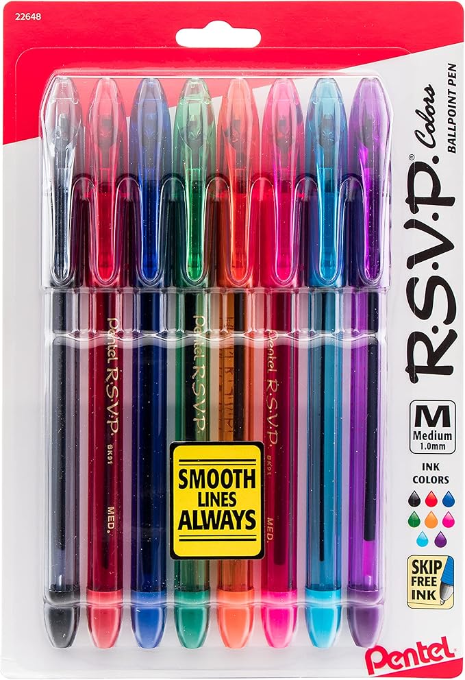 Pentel R.S.V.P. Ballpoint Pen, Medium Point, Assorted Ink Colors, 8 Pack (BK91CRBP8M)