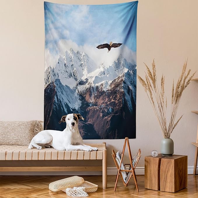 Ambesonne Mountain Tapestry Twin Size, Frozen Peaks Tops of the Mountain with a Flying Eagle Free in Nature Photo, Wall Hanging Bedspread Bed Cover Wall Decor, 68" X 88", Brown White Blue