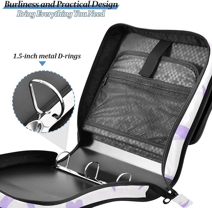 Purple Bow Love 3 Ring Binder with Zipper,Expanding File Folder and Shoulder Strap and Handle, 500 Page Capacity