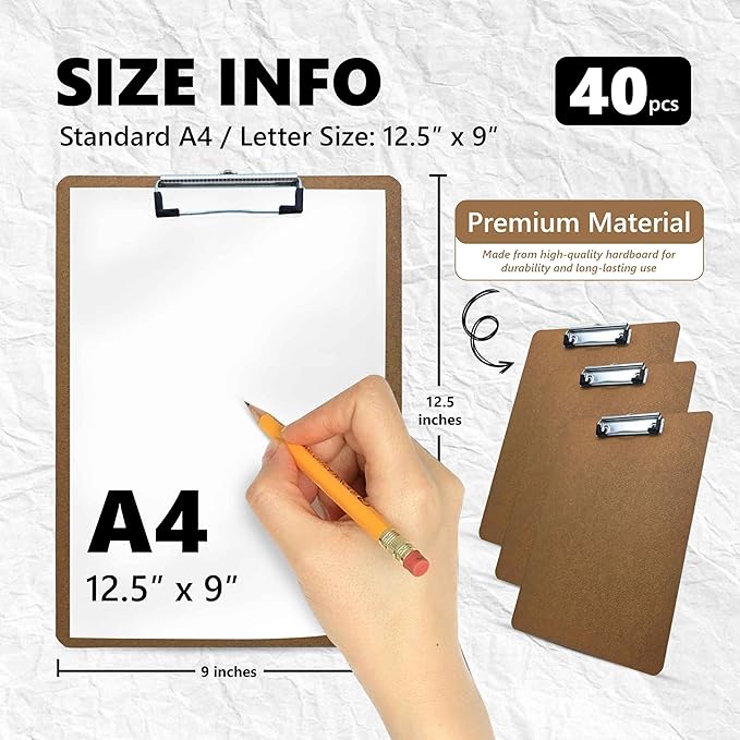 40 Pack of Clipboards Bulk Clipboards for Classroom, Office Wooden Clipboard Bulk Classroom, Standard A4 clipboard Pack Letter Size
