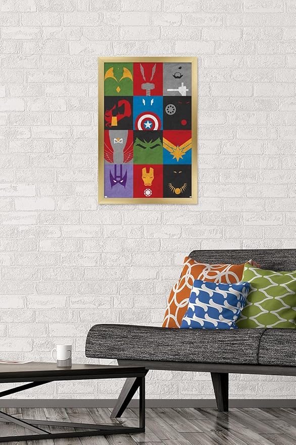 Trends International Marvel Comics - Avengers - Minimalist Grid Wall Poster, 14.725" x 22.375", Gold Framed Version