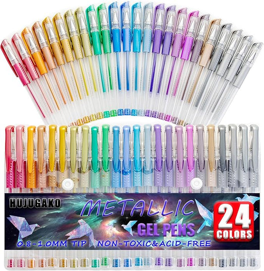 48 Pack Metallic Gel Pens, 24 Colored Gel Pen with 24 Refills,40% More Ink Write Smooth for Adults Coloring Books Drawing Doodling Scrapbooks Bullet Journaling