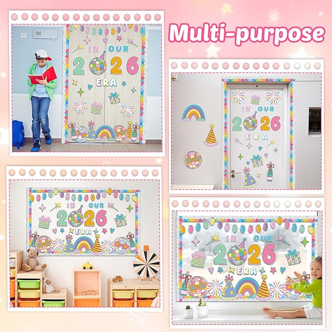 Groovy New Year Disco Ball Bulletin Board Decorations in Our 2026 Era Classroom Paper Cutouts Colorful 2026 New Year Party Decor for Holiday School Classroom Chalkboard Wall Decor Teacher Supplies