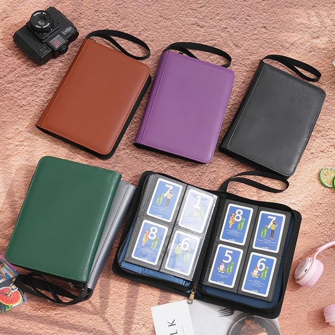 Wonderpool Card Binder A5 Album Zippered 4-Pocket Trading for 240 Cards - Leather PU Card Holder Collection Storage Folder, Side-Loading for Photo Pokemon, MTG, TCG, Yugioh, Sports Cards (Purple)