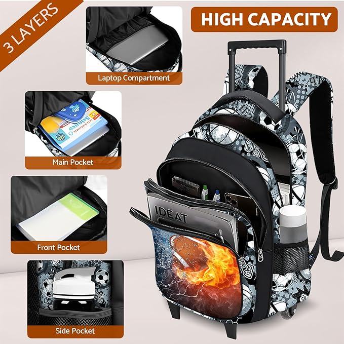 American Football Rolling Backpack for Boys - 3PCS Boys Rolling Backpack with Lunch Box Set for Kids Children Teens Elementary Middle School,Sport Roller Bookbag with Wheels for Age 6-18