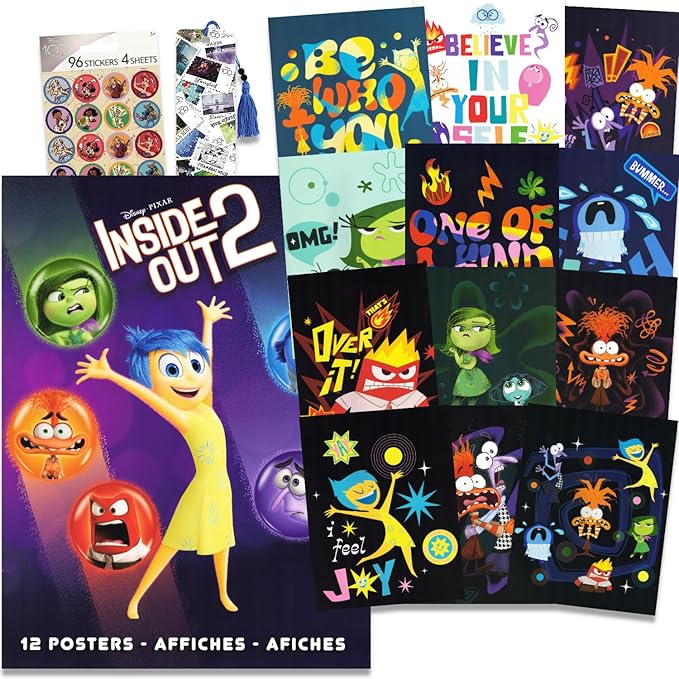 Disney Inside Out Poster Book Super Set - Bundle with 12 Inside Out 2 Posters Featuring Joy, Anger, Sadness, Anxiety, and More with Stickers, Bookmark | Inside Out Room Decor