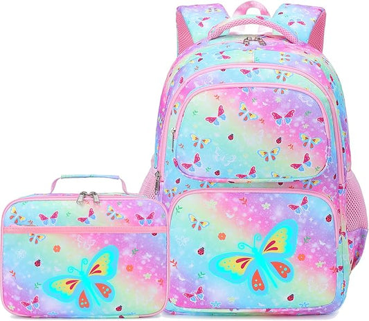 Girls Backpack with Lunch Box Glow in Dark Butterfly Bookbag Teens Ages 4-12 Kindergarten Elementary Middle School Butterfly Backpack, Luminous Butterfly Rainbow
