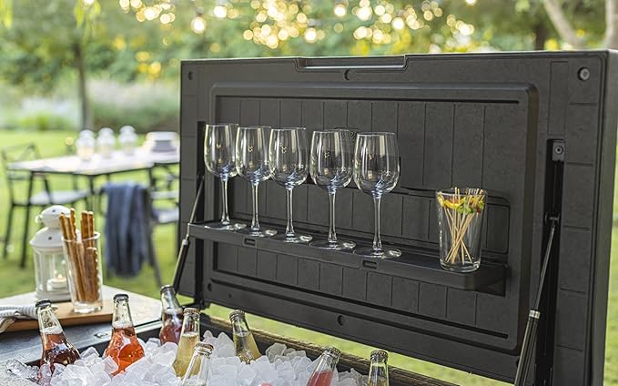 Keter Outdoor Rolling Patio Cooler and Insulated Beverage Cart 89.8 Quart Capacity with Fold Down Shelf for Glassware with Built in Bottle Opener