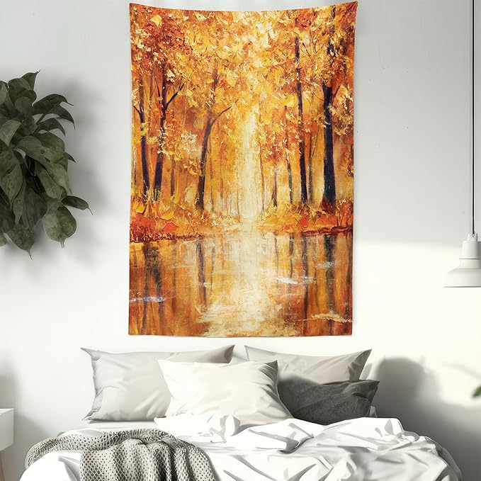 Ambesonne Country Tapestry Queen Size, Painting of a Forest by the Small Lake in Autumn Pale Fall Trees and Leaves Art, Wall Hanging Bedspread Bed Cover Wall Decor, 88" X 88", Orange Brown