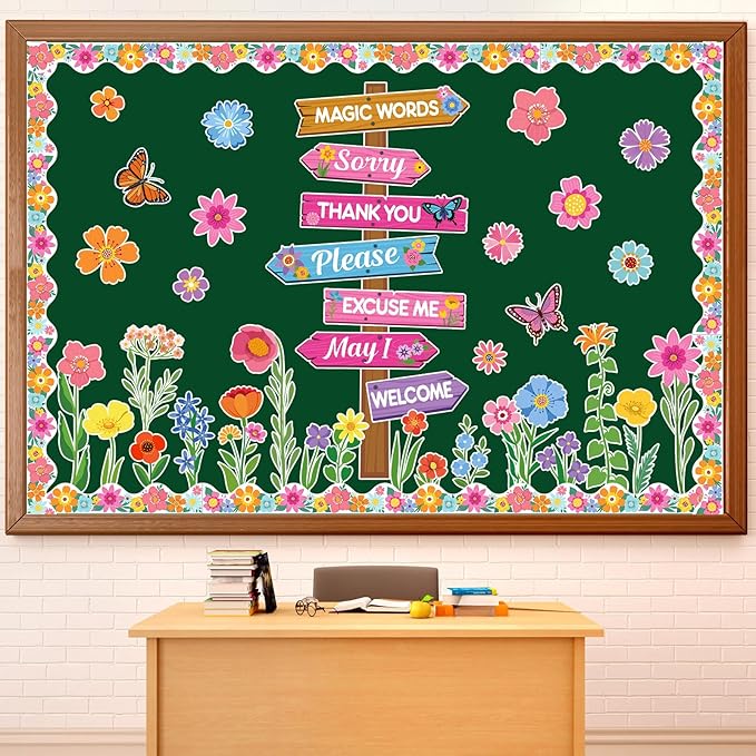 Epakh Spring Bulletin Board Decorations Set Spring Flowers Classroom Decor Flower Butterfly Accents Signpost Paper Cutouts for Door Wall Butterfly Floral Theme Party Supplies