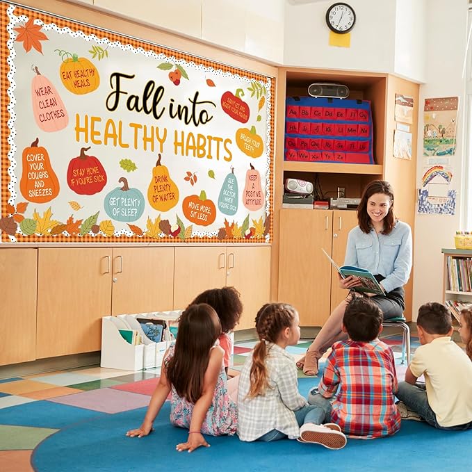 Fall Healthy Bulletin Board Set Fall Into Healthy Habits Bulletin Board Autumn Pumpkin Classroom Paper Cutouts Maple Leaves Poster for Thanksgiving Classroom Teacher Chalkboard Office Wall Door Decor
