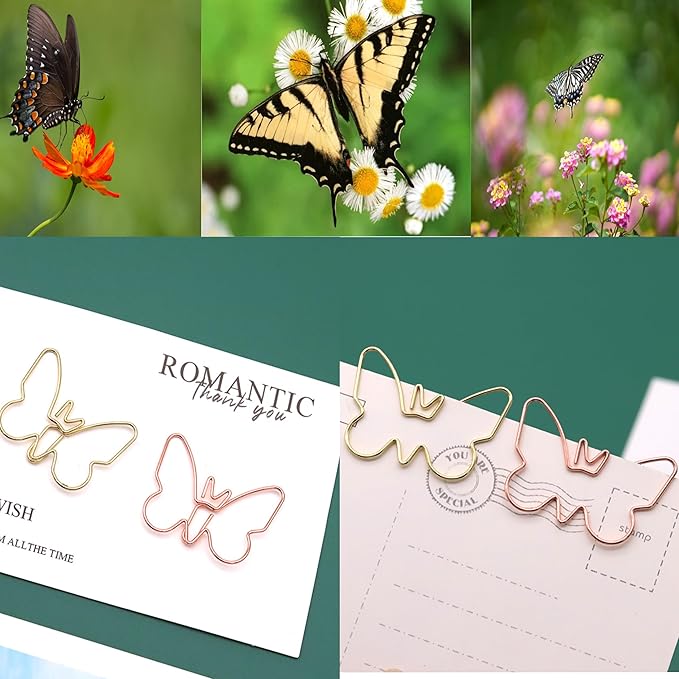 Cute Paper Clips, Butterfly Paperclips, Smooth Metal Paper Clips for File Organization or Decoration - Perfect for Home, Office, School.40 Pcs/Box, Pink, Gold, Rose Gold