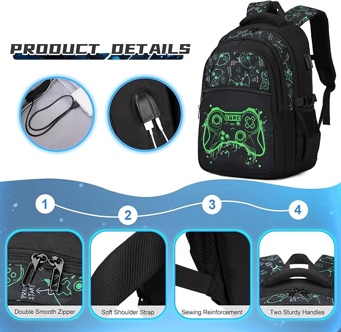 Boys Backpack for School, 3PCS Cool Luminous Gamer Backpack for Boys with Lunch Box Pencil Case, Kids Backpacks Bookbag for Teen Boy Elementary Middle High School with USB Charging Port