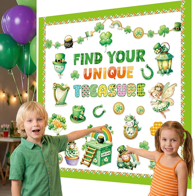 Fancy Land St. Patrick's Day Bulletin Board Set for Classroom Decorations Irish Shamrock Rainbow Gold Coin Pot Cutouts for Chalkboard Home Office Wall Door Decor 69Pcs