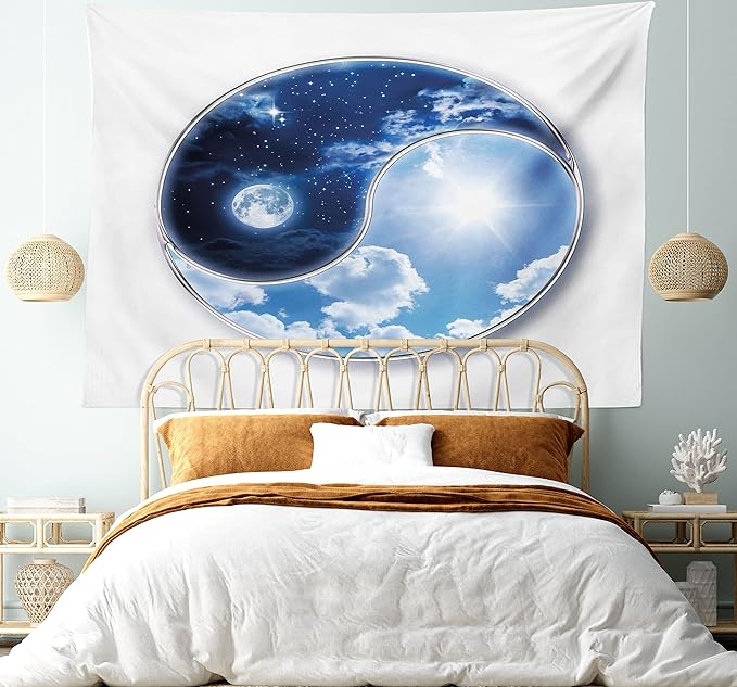 Ambesonne Space Tapestry, Yin Yang World Moon and Sun Harmony of the Universe Art Print, Fabric Wall Hanging Decor for Bedroom Living Room Dorm, 45" X 30", Navy Blue Sky Blue White