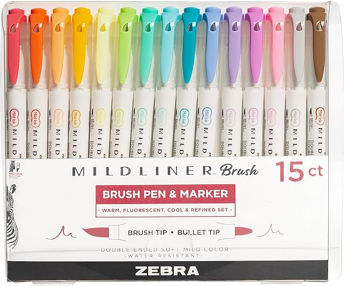 Zebra Pen Mildliner Double-Ended Brush Marker, Paint Brush-Like Tip and Fine Tip Marker Pen, Ideal for Creating Thick or Thin Strokes, No Bleed, Assorted Soft Colors, 15-Pack (79115)