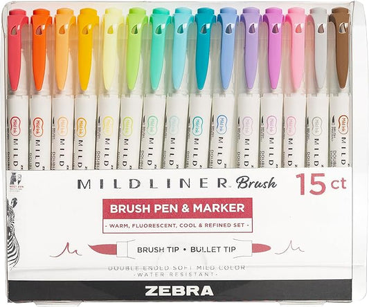 Zebra Pen Mildliner Double-Ended Brush Marker, Paint Brush-Like Tip and Fine Tip Marker Pen, Ideal for Creating Thick or Thin Strokes, No Bleed, Assorted Soft Colors, 15-Pack (79115)