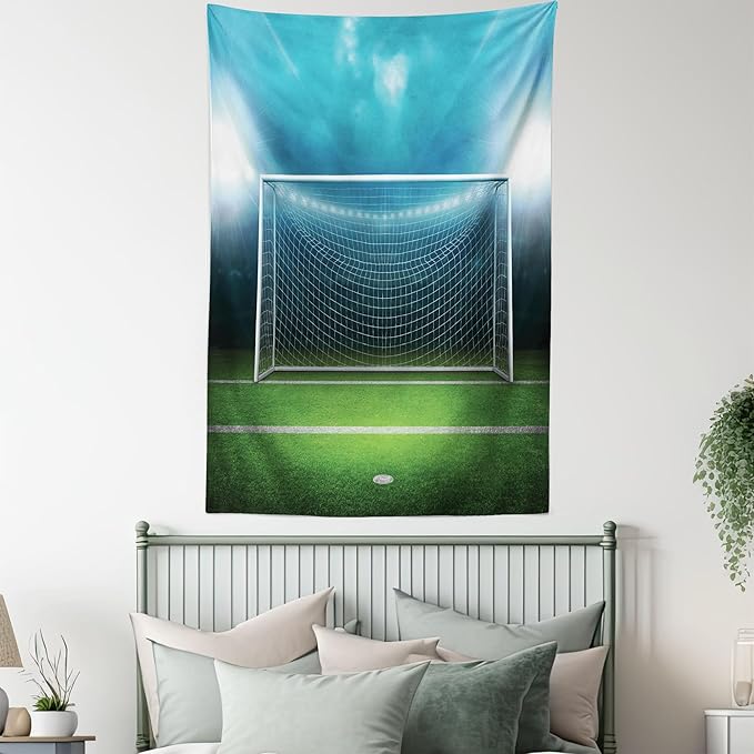Ambesonne Soccer Tapestry, Soccer Goal Post Sports Area Winner Loser Line Floodlit Best Team Finals Game Theme, Fabric Wall Hanging Decor for Bedroom Living Room Dorm, 30" X 45", Green and Blue