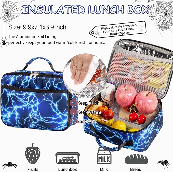 Kids Backpack Boys Lightning Backpack with Lunch Box Kindergarten Elementary Middle School Travel Sport Blue Bookbag for Boys Ages 4-14, Flash Lightning-Blue