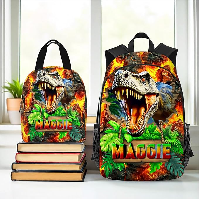 Dinosaur Backpack for Boys Custom Kids Backpacks with Lunch Box Personalized Name Bookbag Back to School Gifts for Elementary Middle School