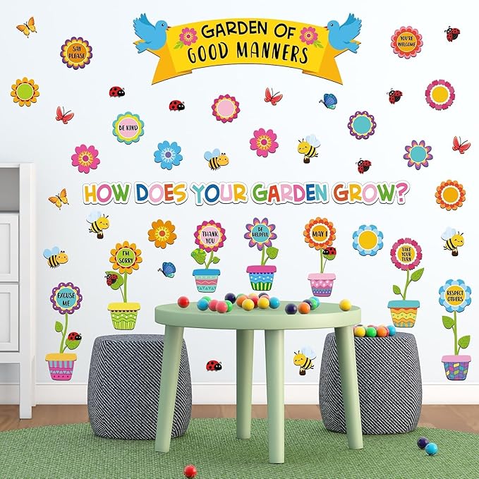 Large Spring Bulletin Board Flowers Decorations Classroom Garden of Good Manners Positive Bulletin Board Set Spring Butterfly Flowers Bee Cutouts Wall Decals for Teachers Classroom School Kids Decor