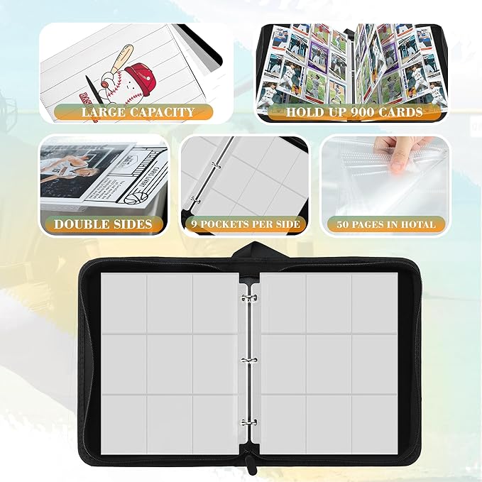 9 Pockets Trading Card Binder with Sleeves Card Organizer, 900 Double Sided Pocket PU Card Collection Binder, Baseball Binder,for Sports Card, MTG, TCG Yugioh Card (Red White)
