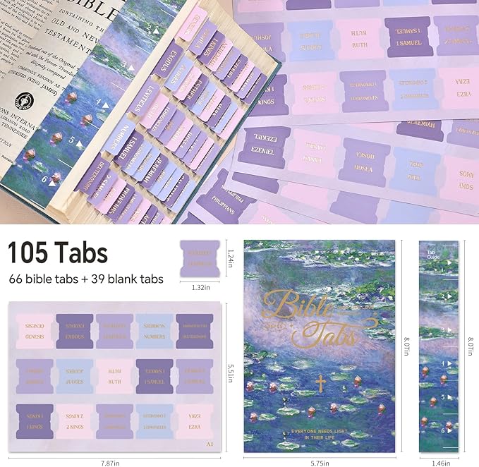 Bible Tabs, 66 Gold Foil Lettering Chapter Labels + 39 Blank Water Lilies Theme Laminated Index Tabs with Alignment Ruler, Bible Journaling Study Supplies for Women & Men, Bible Sticker Accessories