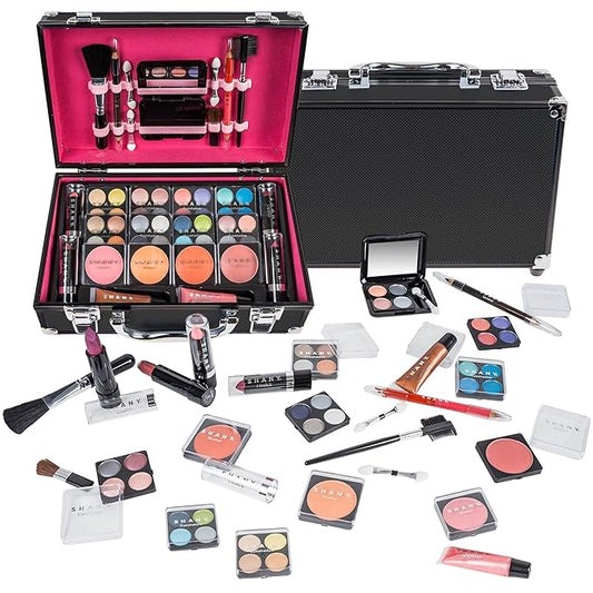 SHANY Carry All Make up Train Case with Pro Makeup Set, Beauty Brushes, Lipsticks, Eye Shadows, Blushes, Powders, and more - Reusable Cosmetics Storage Organizer - Premium Gift Packaging - Black