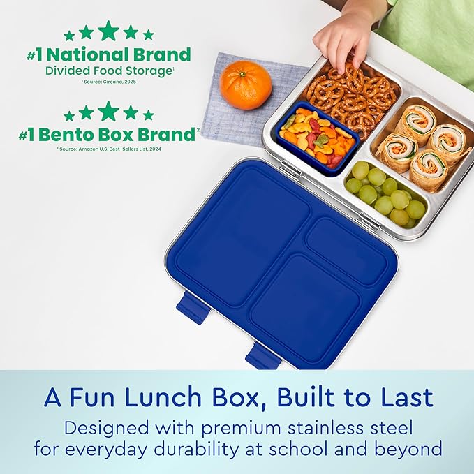 Bentgo Kids Stainless Steel Prints Leak-Resistant Lunch Box - 3-Compartments with Bonus Silicone Container, Durable, Eco-Friendly, Dishwasher Safe, BPA-Free, Ideal for School, Ages 3+ (Shark)