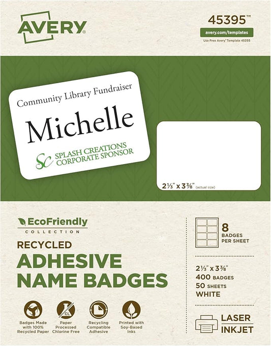 Avery EcoFriendly Recycled Name Tags, 2-1/3" x 3-3/8", White, Removable Adhesive, 400 Printable Name Badges (45395)