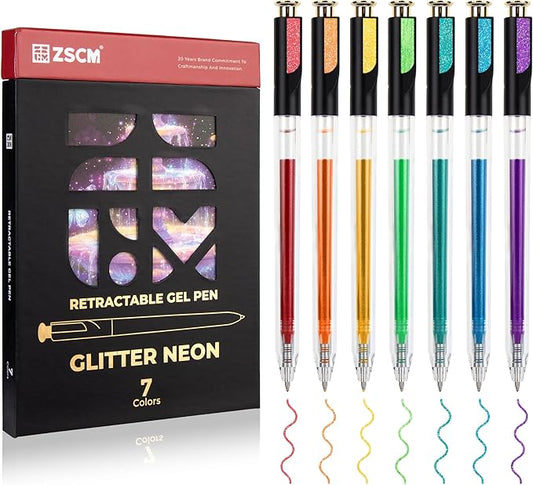 Retractable Glitter Neon Pens, 7 Colors Large Capacity UV Reactive Sparkle Gel Ink Pens for Adult Coloring, 1.0 mm Fine Point Smooth Writing Color Pen for UV Art Note Taking Aesthetic Art Supplies