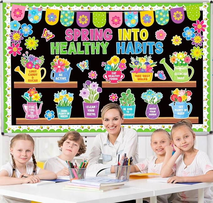 94 PCS Spring Bulletin Board Decoration - Flower Themed Classroom Decor Flower Bookshelf Bulletin Board Decor Spring into Healthy Habits for Offices Chalkboard Library Back to School Party Supplies