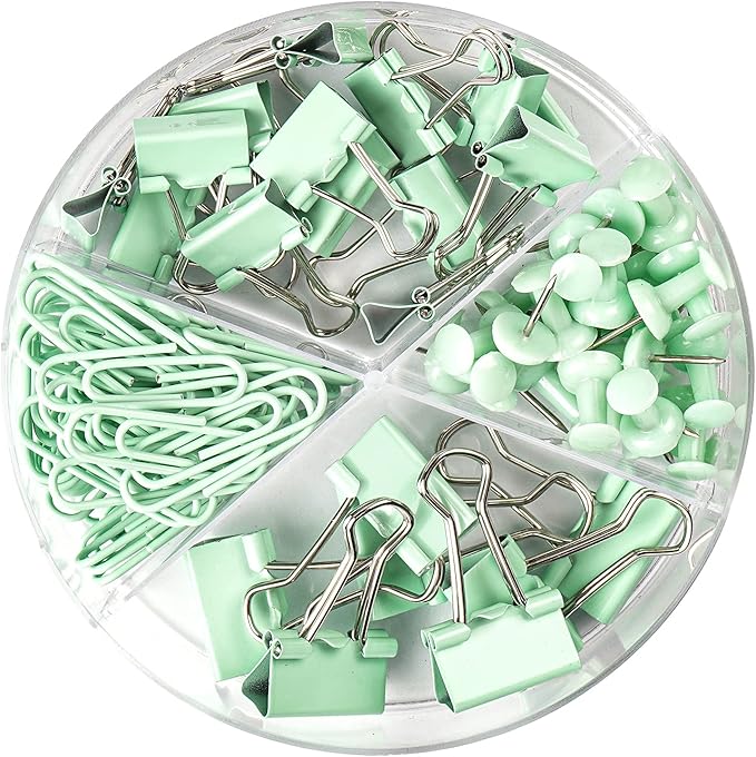 97 PCS Office Supplies for Women, Paper Clips, Binder Clips and Push Pins Set, Paperclips Thumb Tacks School and Home Desk Supplies, Desk Organized (Green)