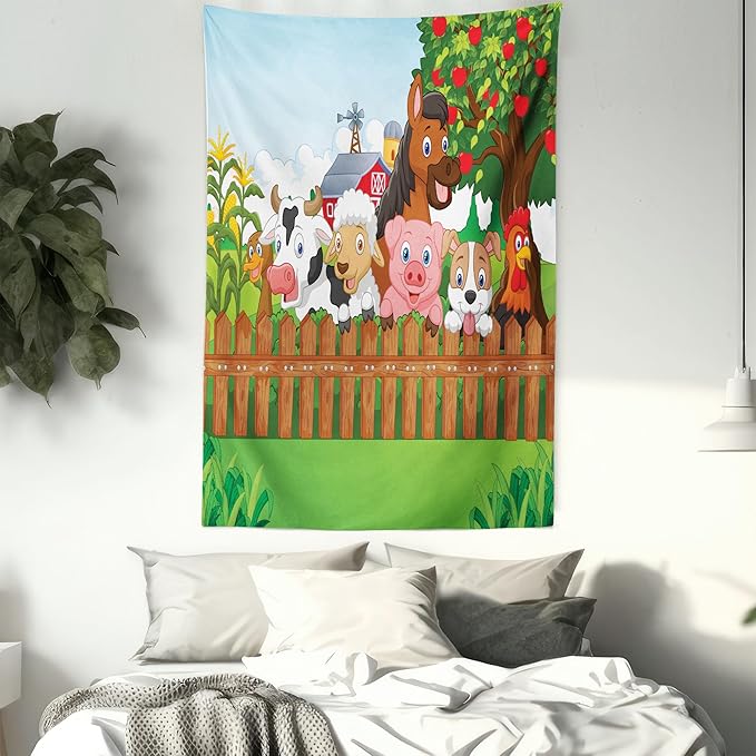 Ambesonne Cartoon Tapestry, Composition Farm Animals on Fence Comic Mascots Dog Cow Horse Design, Fabric Wall Hanging Decor for Bedroom Living Room Dorm, 30" X 45", Green Multicolor