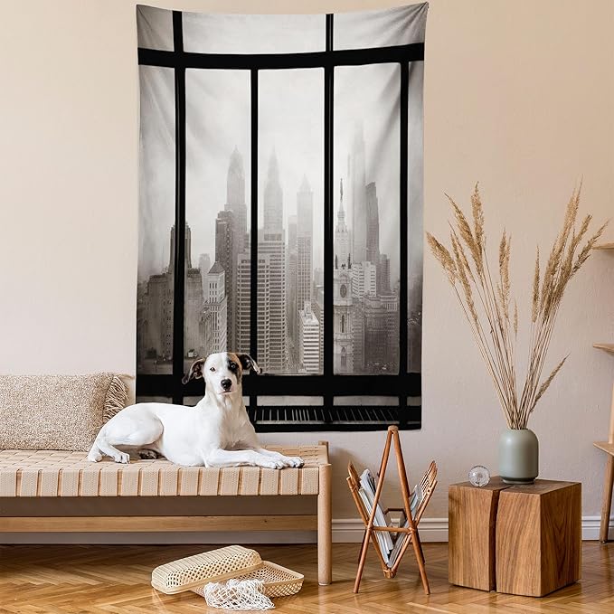Ambesonne City Tapestry, Philadelphia City Rooftop View Through Window Skyline Landmark Rooftop Travel, Wall Hanging for Bedroom Living Room Dorm Decor, 40" X 60", Grey Black