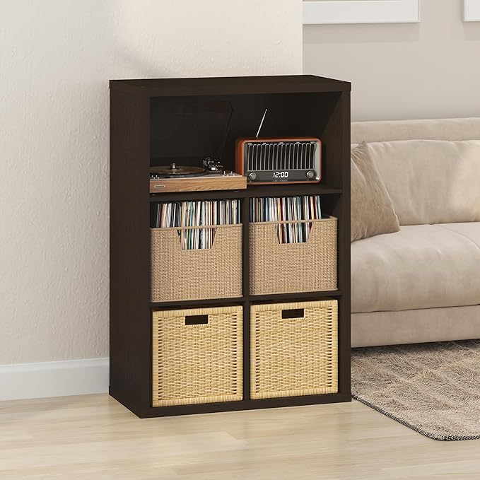 Furinno Cubicle Record Player Stand with Vinyl Storage, 5-Cube 1.2 Extra Thick Vinyl Record Storage, Open Back Media Shelf for CD DVD Blueray Game Disc, for Living Room, Home Office, Black Dark Oak