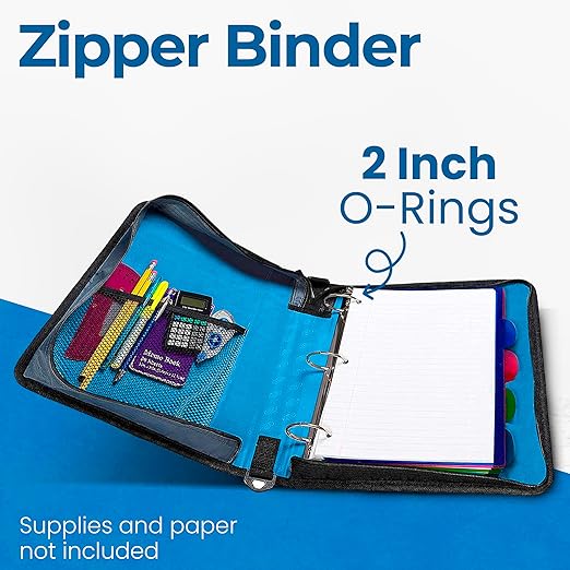 Case-it Classic Zipper Binder | 2-Inch O-Rings, 350 Sheet Capacity, Multiple Storage Pockets & Shoulder Strap | School & Office Organizer | D-251 Denim Blue
