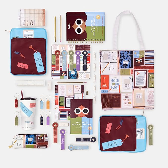 kate spade new york Pen and Pencil Case with Office Supplies, Zip Pouch Includes Pencil Sharpener, Eraser, Ruler, and 2 Wooden Pencils (Book Club)