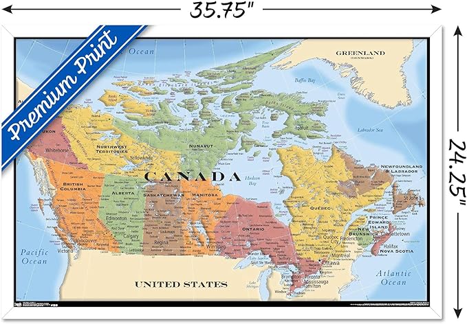 Map - Canada Wall Poster, 34L" x 22.4W", White Framed Version