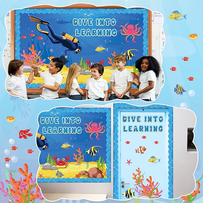 party greeting Ocean Animal Bulletin Board Set Under The Sea Classroom Decoration Summer Dive into Learning Sea Animals Fish Paper Cutouts for Tropical School Chalkboard Wall Decor Supplies