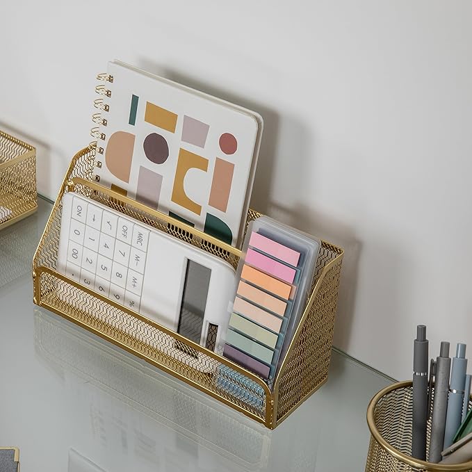 Martha Stewart Ryder Gold Mesh Metal 6 Piece Set Desktop Organizers and Accessories, Holds Files, Magazines, Letters, Pens, Sticky Notes and Business Cards