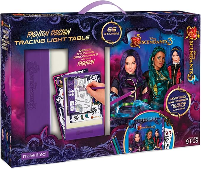 Make It Real Disney Descendants 3 Fashion Design Tracing Light Table for Girls - 9-Piece Set with Sketchbook, Stickers, Tracing Pages, Light-Up Table - Creative Drawing Kit, Ages 8+